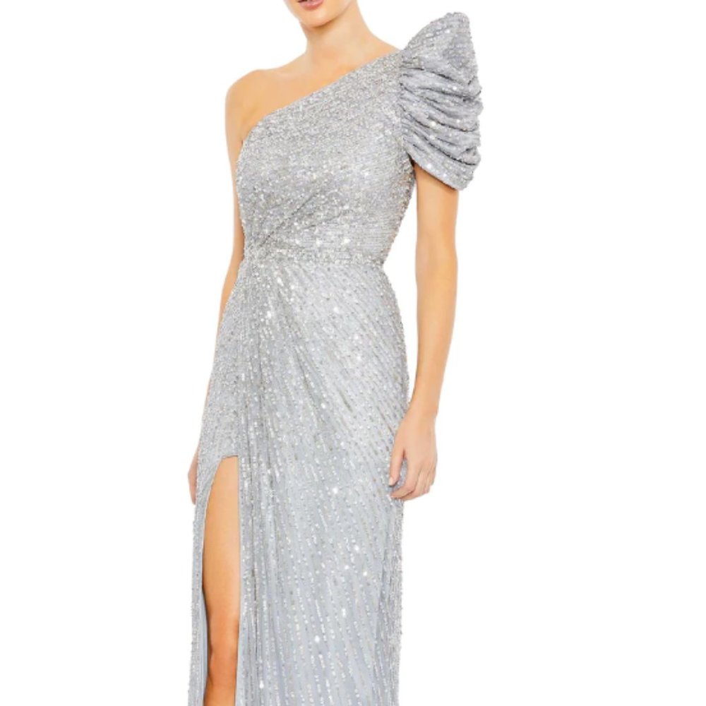 MAC DUGGAL 5622 EMBELLISHED PUFF ONE SHOULDER SILVER GOWN DRESS sz 10